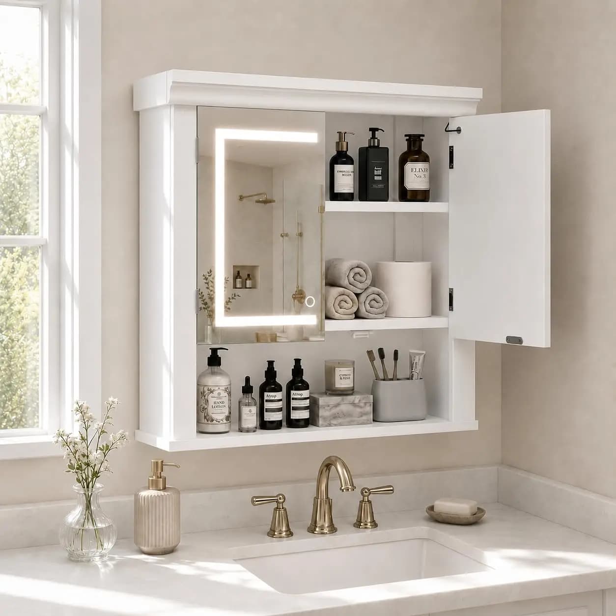 Bathroom Wall Cabinet with Mirror and Lights, 24.2" W Wall-Mounted Bathroom Cabinet with Storage, Dimmable 3 Color, Customized