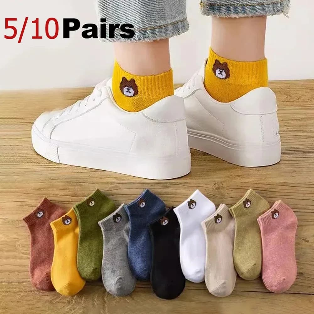 5/10 pairs of women's low socks set model bear cute breathable short socks comfortable casual style versatile woman fashionable