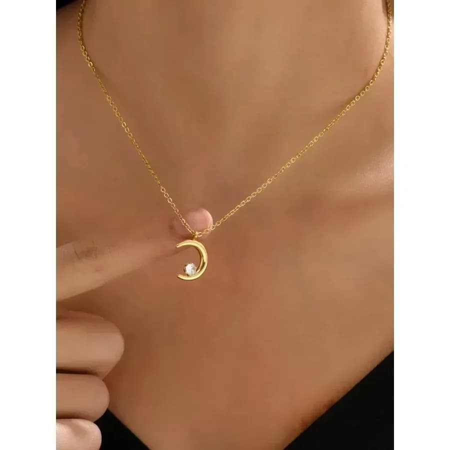 18k Gold Plated Stainless Steel Tennis Bracelet And Necklace Set Featuring Moon Design Suitable For Daily Wear And Various Outf