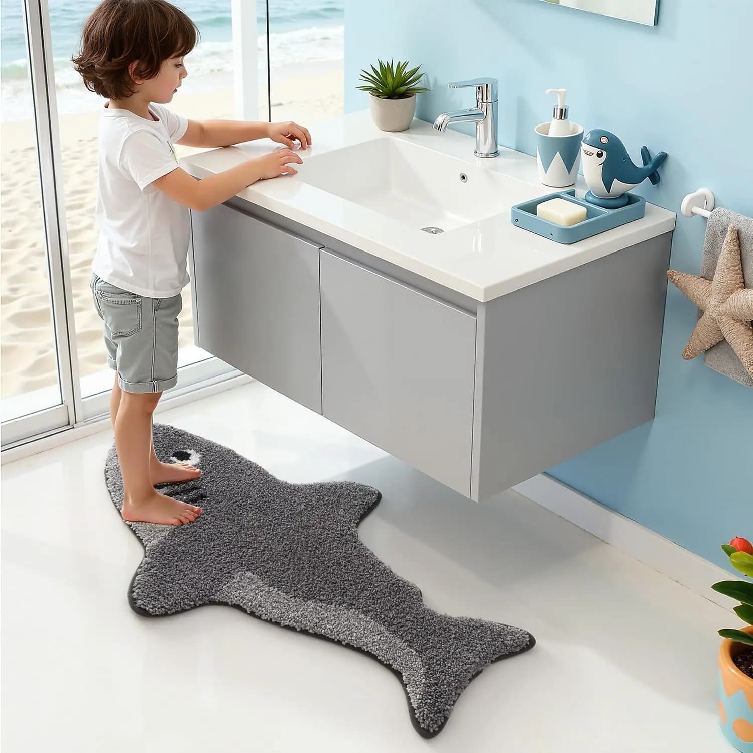 VIKAMA Cartoon Cute Shark Pattern Tappeto, Tappetino assorbente antiscivolo per bagno, Tappeto in peluche per camera da letto, Decorazione per la casa