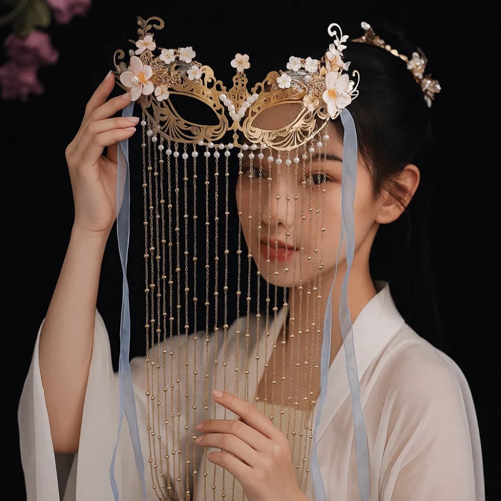 Elegante perla anonima copertura per il viso fiore lega maschera da sposa stile cinese nappa donna misterioso velo foto