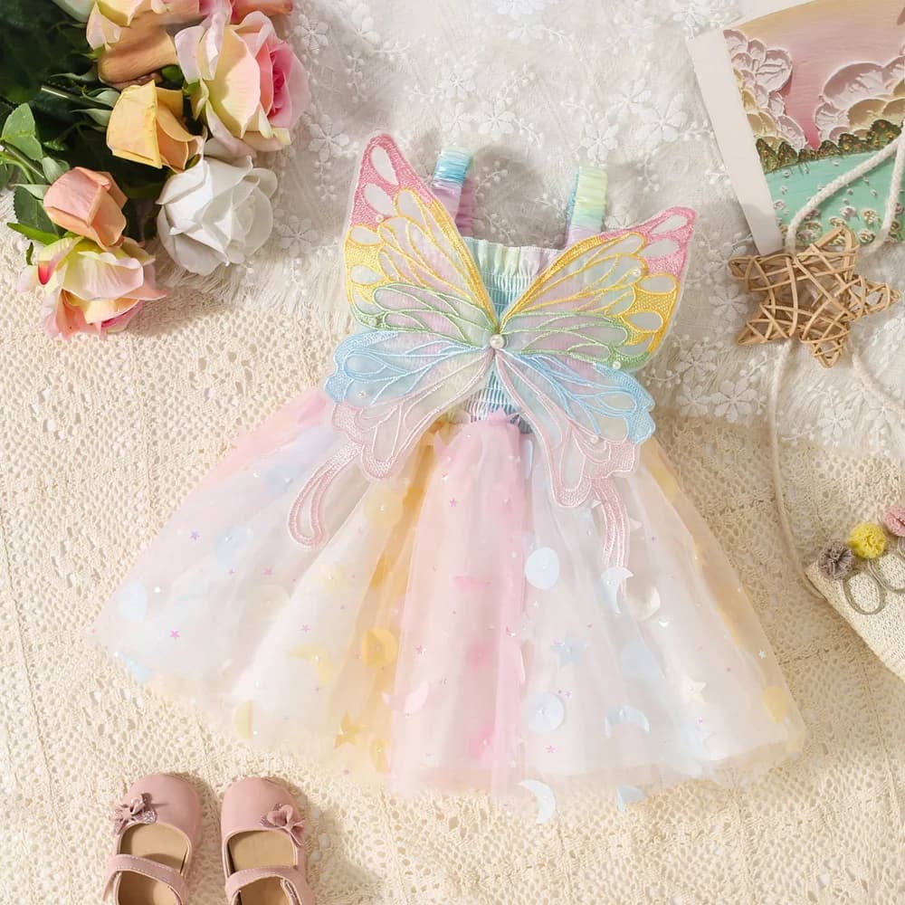 Vestito da principessa con ali grandi sul retro della maglia della farfalla colorata avvolta in vita dolce del nuovo vestito delle ragazze di estate