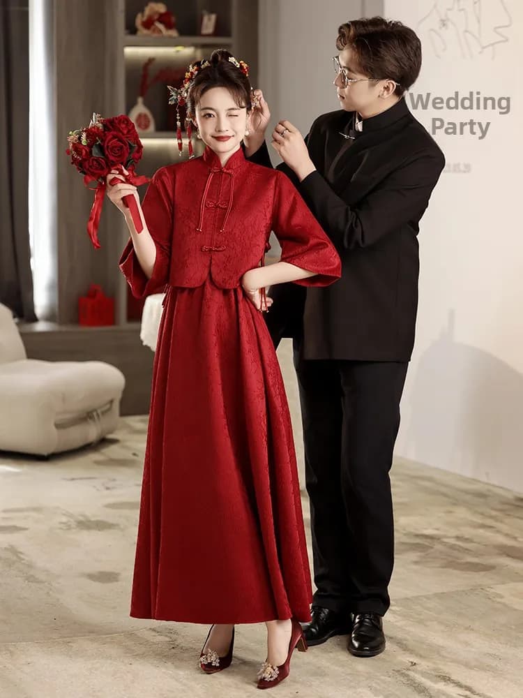 New Chinese Style Qipao Maternity Wedding Dress Set Women's plus Size Formal Evening Gown High Waist Embroidered Skirt