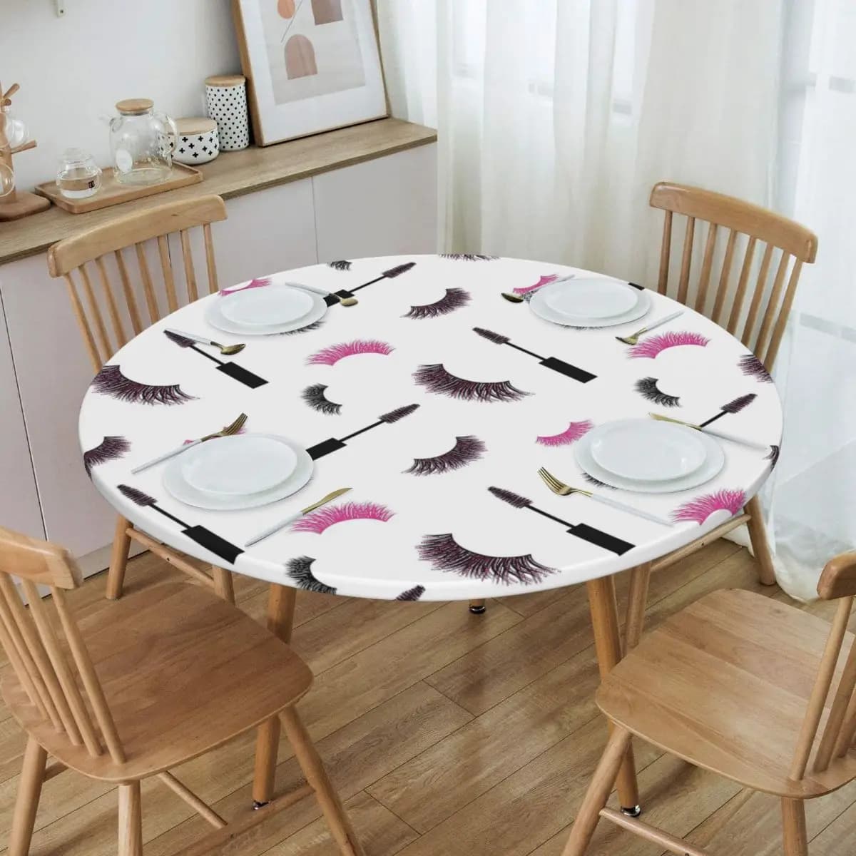 Tovaglia rotonda con motivo a ciglia e mascara con glitter rosa, tovaglia antiolio per eventi in cucina, copertura per tavolo da pranzo