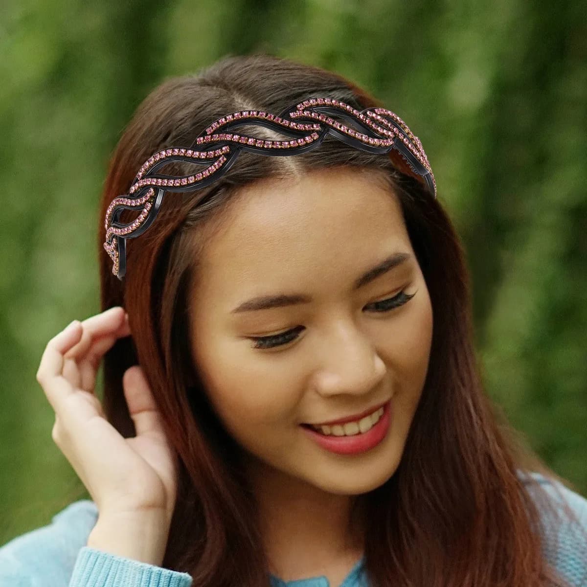 Set di 3 Fasce per Capelli Antiscivolo con Cristalli e Strass, Bianche, Blu e Rosa, Accessorio Elegante per Eventi all'Aperto