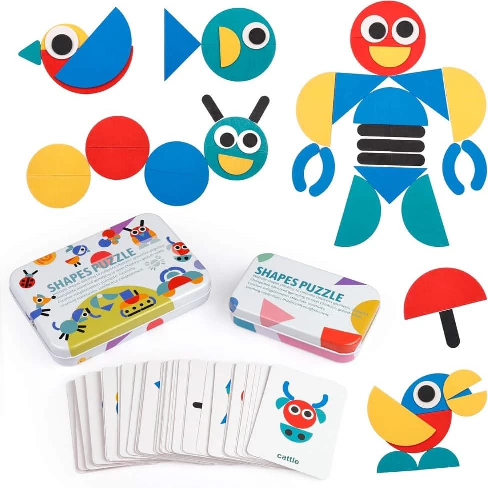 Blocchi con motivi in legno - Set di puzzle a forma di Tangram Gioco di ordinamento dei colori Gioco impilabile Puzzle per animali in legno Montessori in età prescolare, regalo per bambini