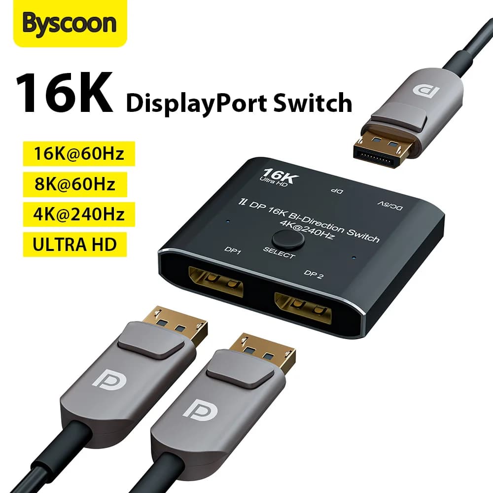 DisplayPort Switch 16K Splitter Bidirectional DP 2.0 Switcher Box 2 in 1 output/1 input 2 outputs Support 8K@60Hz 4K@240Hz for laptop PC