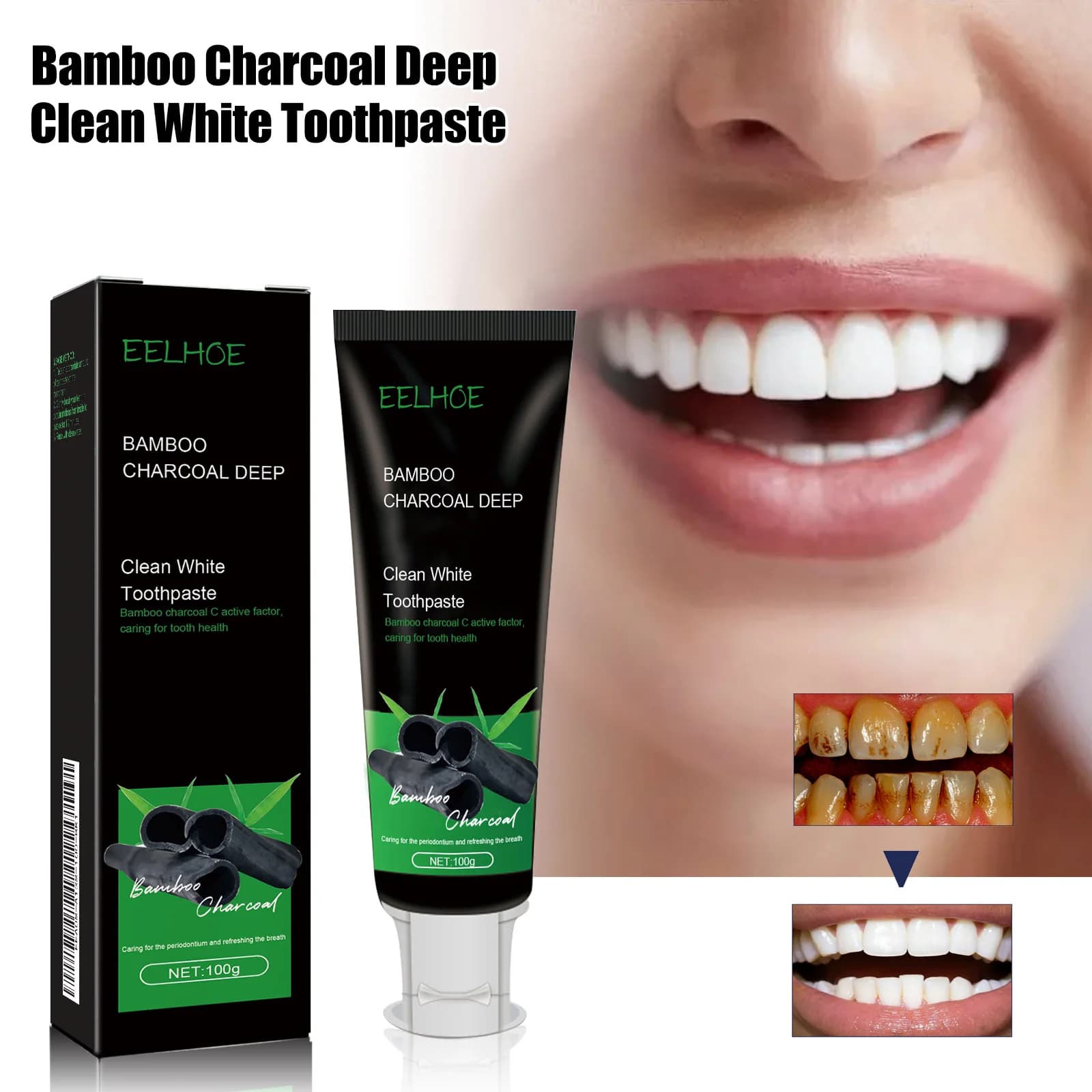 Bamboo Charcoal Whitening Toothpaste, Deep Remove Stains & Bad Breath, Brighten Teeth Daily Oral Care Tooth Paste