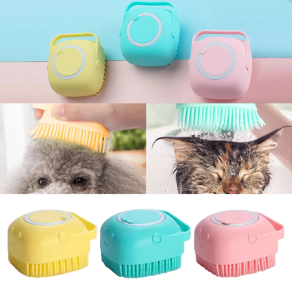 Spazzola da Bagno per Animali Domestici con Dispenser di Sapone e Shampoo, Spazzola per la Pulizia dei Cani con Setole Morbide, Accessori per Cani e Gatti