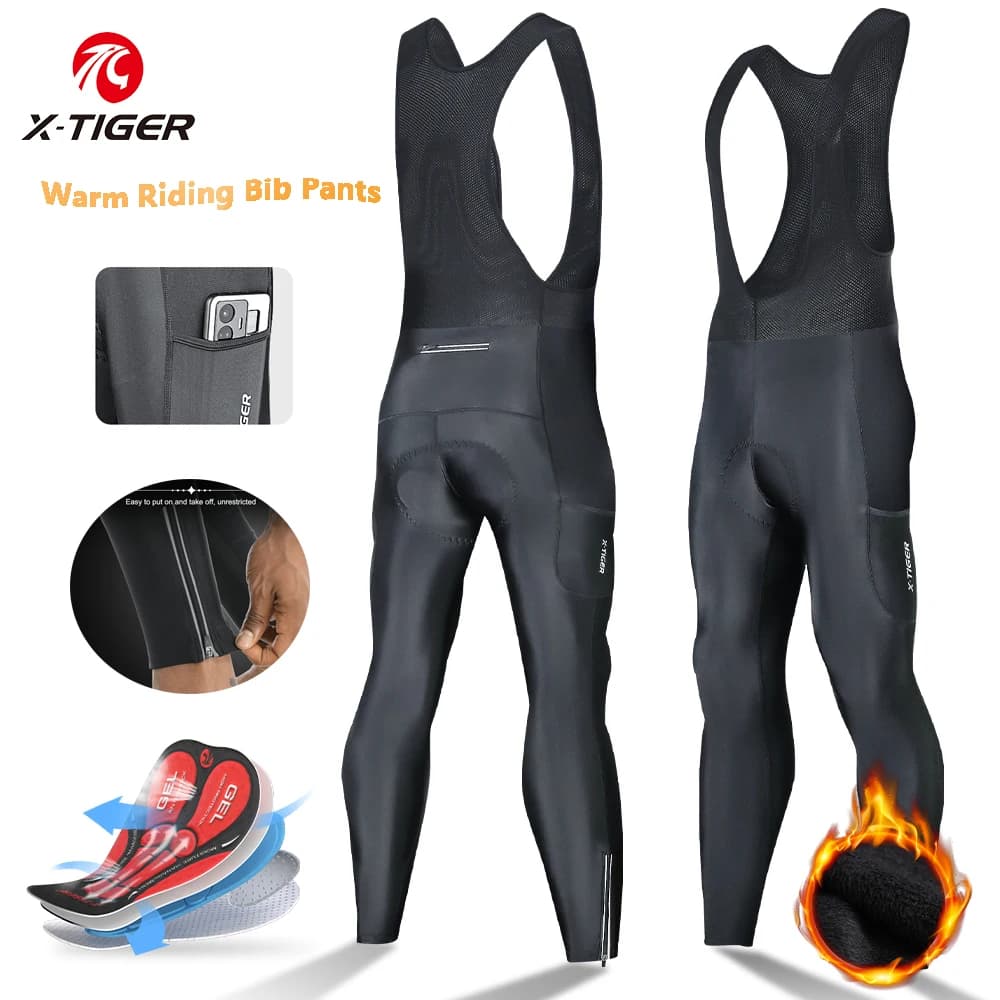 X-TIGER Pantaloni con bretelle da bicicletta da uomo 5D imbottiti da strada antivento foderati in pile collant da ciclismo leggings inverno caldo ciclista equitazione abbigliamento da bici