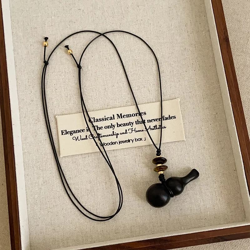 Black Color Adjustable Wax Rope Chain Chokers Harajuku Natural Wood Bottle Gourd Beads Pendant Necklaces for Women Female
