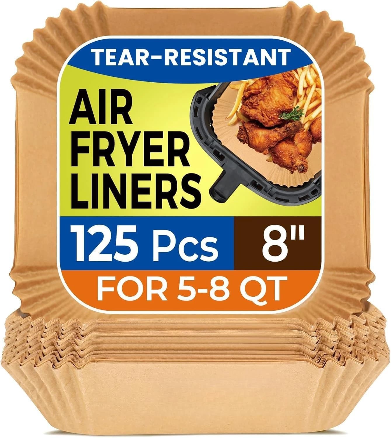 125 Paper sheets for Air Fryer, 8 Inches, Without Candle, Squares, Non-sticks, Use and Throw