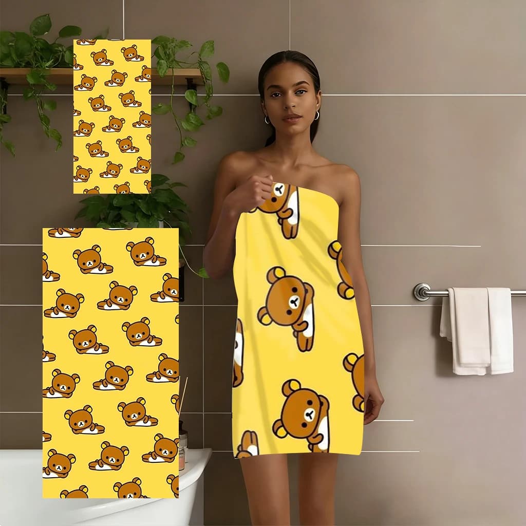 Asciugamano da spiaggia con stampa integrale R-Rilakkuma, simpatico orsetto giallo ad asciugatura rapida, per piscina, viaggi, campeggio e uso quotidiano