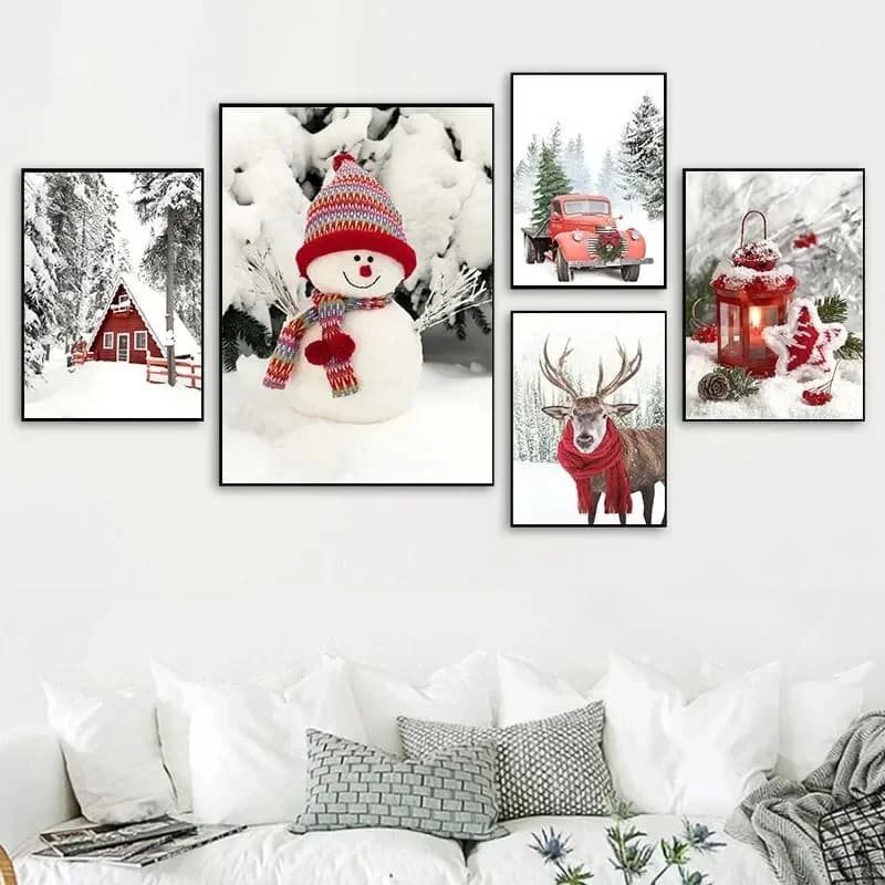 Poster artistico con pupazzo di neve natalizio, alce, scoiattolo, albero di pino con lampada, casa di neve, quadro su tela per decorazione camera da letto