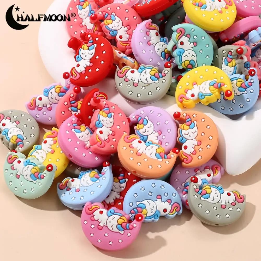 10 pz Food Grade Silicone Massaggiagengive Perline 21x29mm Animale Del Fumetto Luna Perline Per Allattamento Masticare Gioielli FAI DA TE Ciuccio Collana A Catena