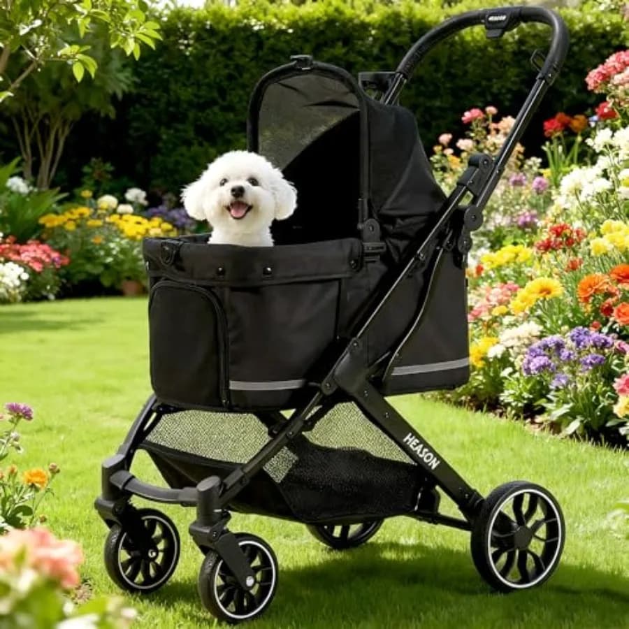 Passeggino per cani per uso esterno, tessuto in poliestere, nero, copertura antipioggia impermeabile e ruote resistenti per tutti i terreni