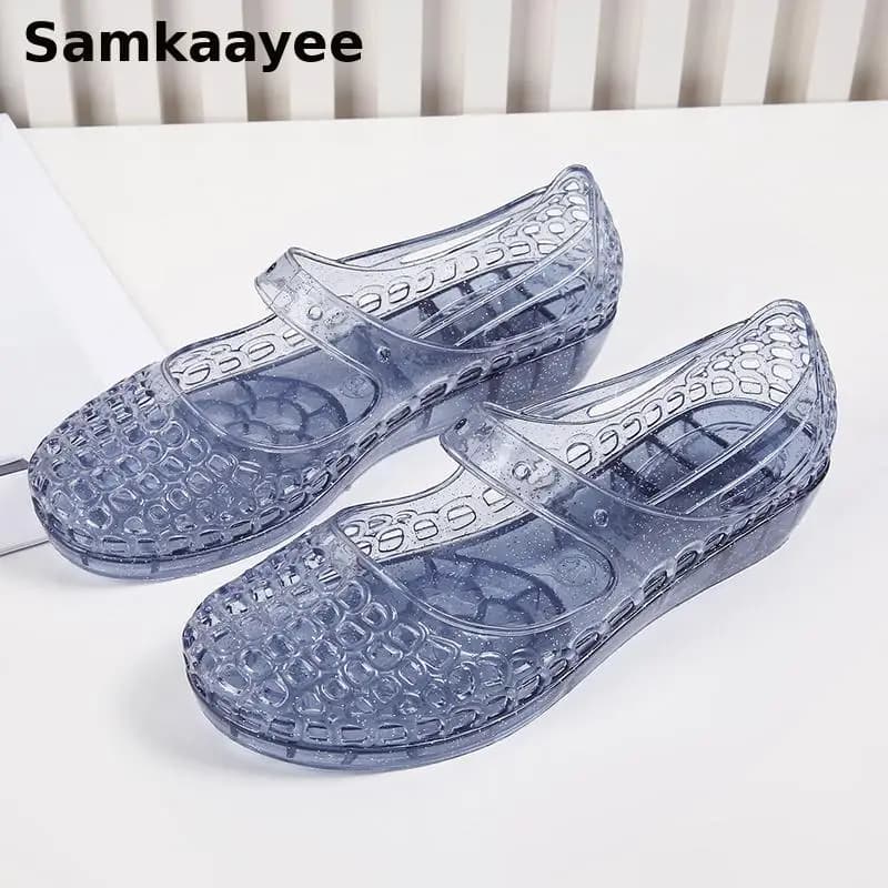 36-40 Sandali da donna Scarpe da spiaggia estive Scarpe basse antiscivolo con suola morbida in cristallo trasparente Scava fuori Calzature slip-on in tinta unita y1