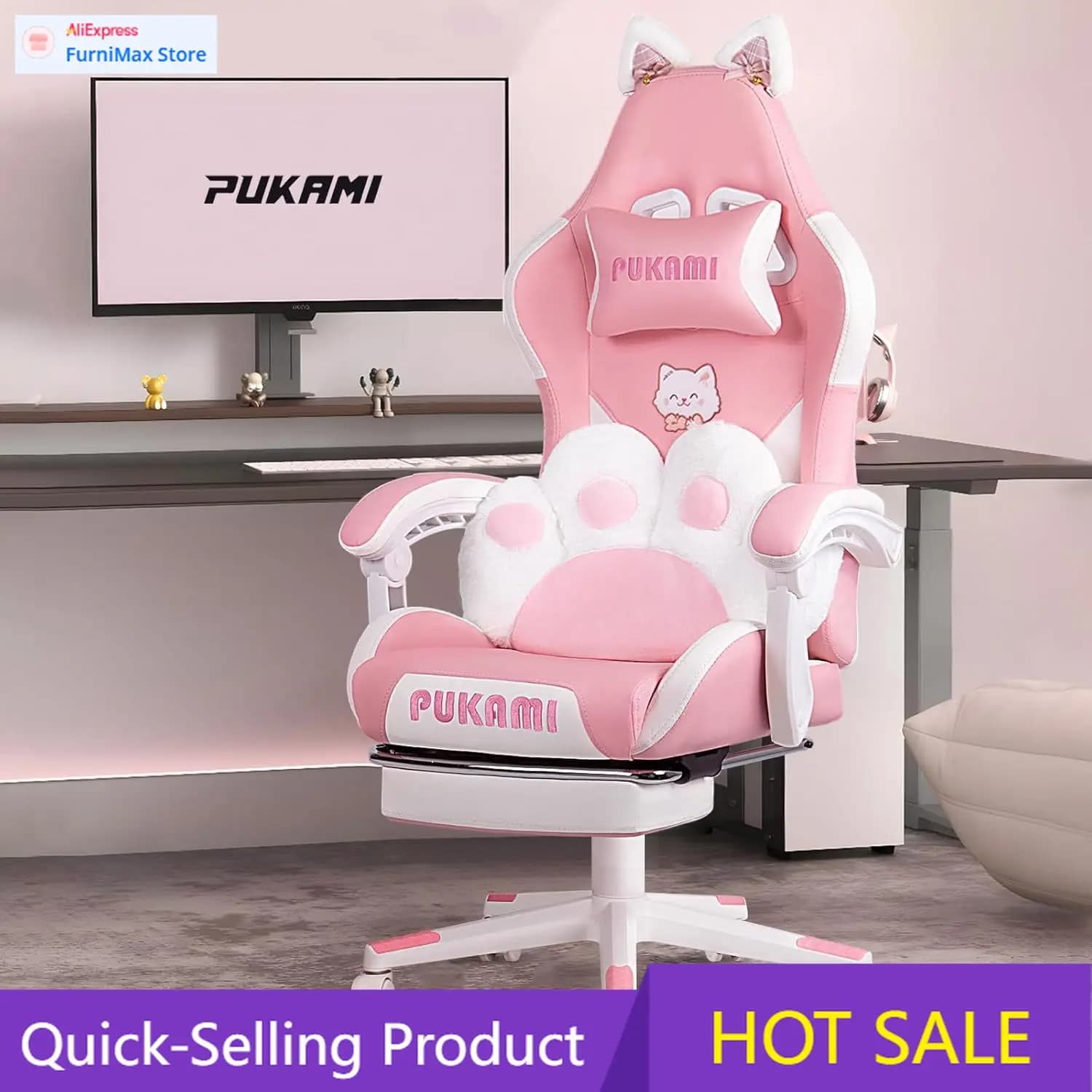 Promozione a tempo limitato: Sedia da gaming rosa con orecchie e zampa di gatto, cuscino lombare ergonomico, sedia da computer per ragazza.
