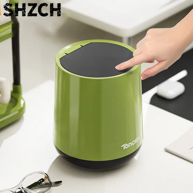 Mini Press Trash Can - Desktop Waste Bin with Lid for Office, Home, Car Use (Plastic)