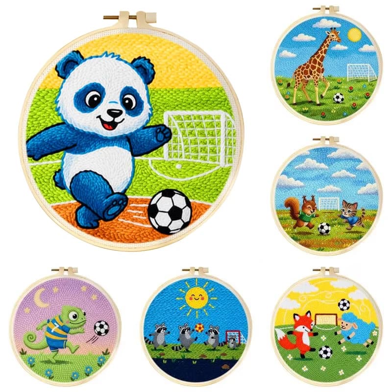 Animal Football Pattern Punch Needle Embroidery Package Cartoon Soccer Sewing Embroidery Hoop Pictures Supplies Adults DIY Craft