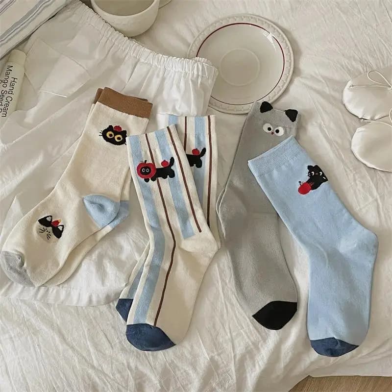 1/4 Paia di Calzini Divertenti in Cotone Traspirante con Motivi di Gattini, Stile Casual Femminile, Calzini Lunghi a Righe Cartoon