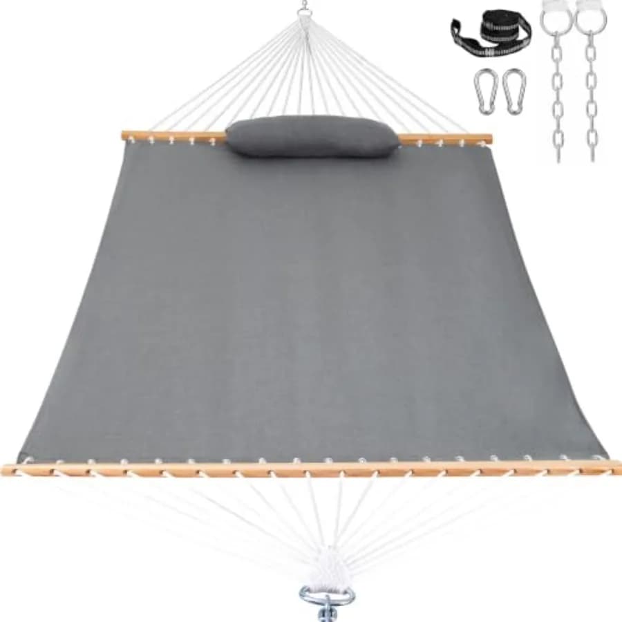 12 FT Sunbrella Fabric Hammock Non-Fading with Spreader Bars and Free Pillow Fits for 2 Persons, All Weather and Fade Resistant