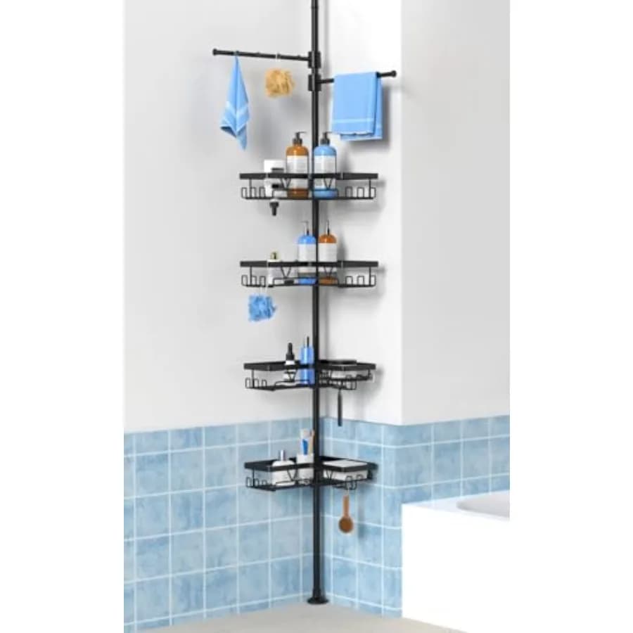 Portaoggetti da doccia nero con asta telescopica e 2 portasciugamani, organizer angolare regolabile per bagno, mensole portaoggetti antiruggine per vasca da bagno