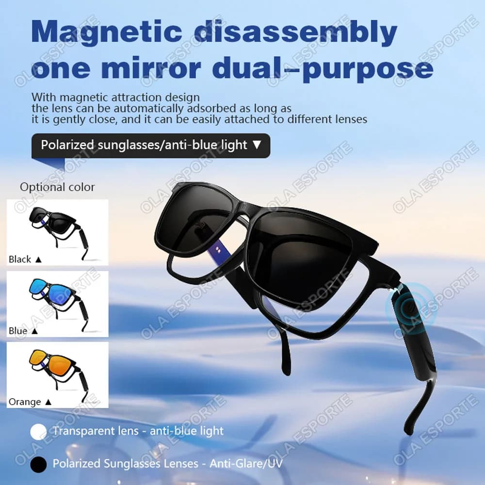 Hot GS05 Men's Smart Glasses 2 in 1 UV Protection Polarized Portable Anti-light Blue Polarized Sunglasses Black Montatura White