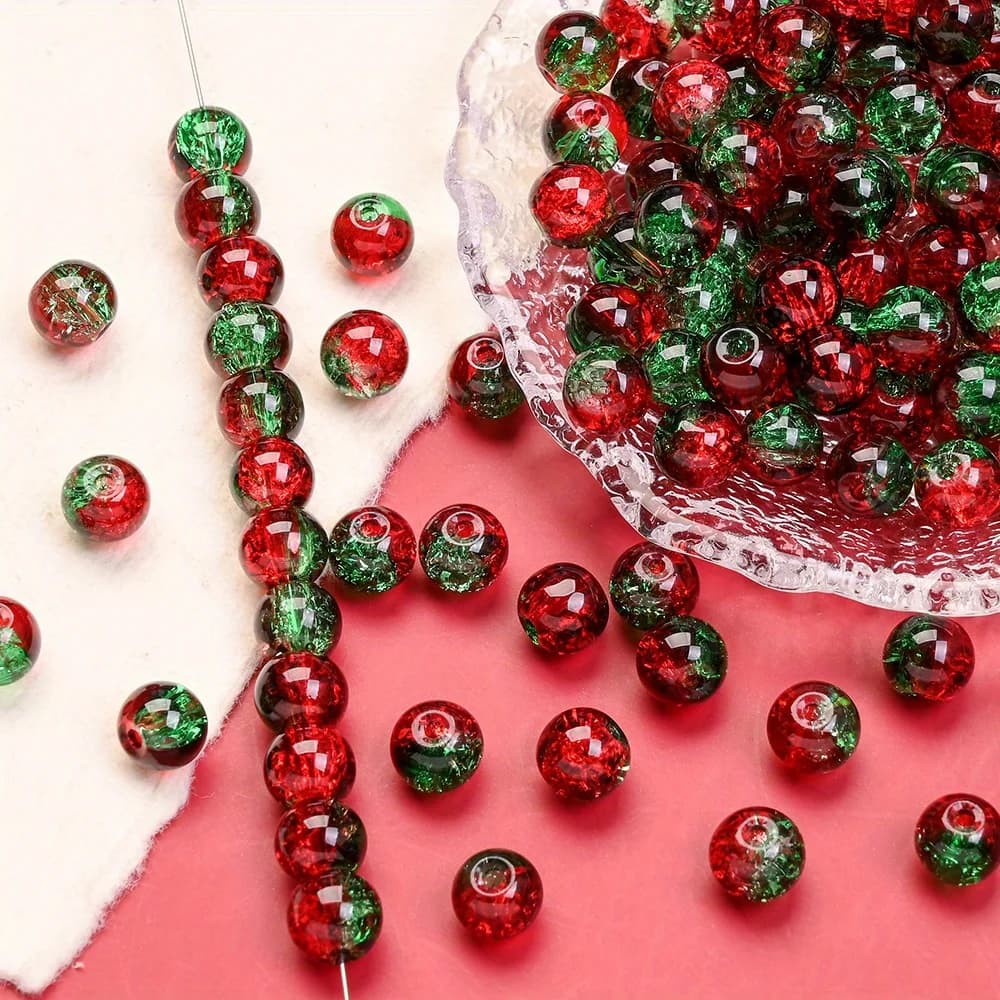 Circa 100 pezzi 8 mm di cristallo di Natale perline rotonde incrinate verde rosso gioielli per artigianato fai da te orecchini collane bracciali