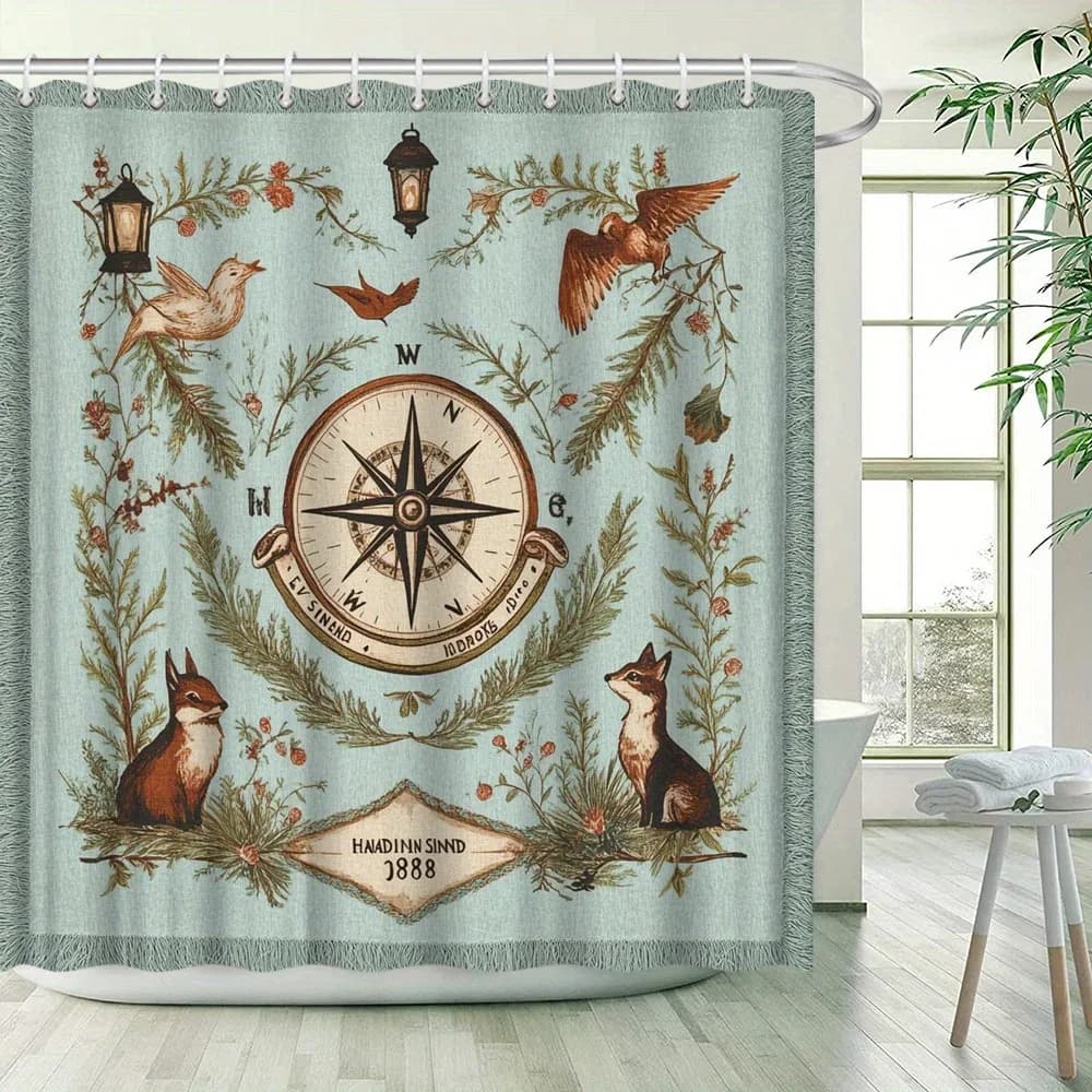 Tenda da doccia con mappa e natura in stile vintage - Bussola rosa, uccelli e volpi, poliestere, arredamento bagno rustico"