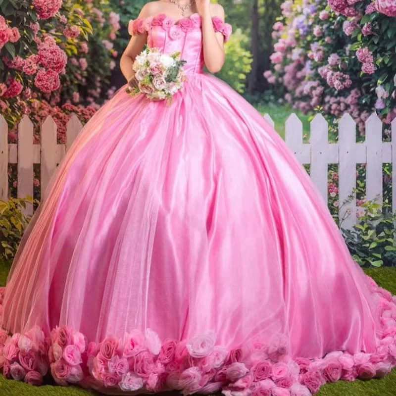 Abito Quinceanera rosa con decalcomania di cristallo con spalle scoperte Fiore 3D Coda lunga abiti da 15 Quinceanera Personalizza