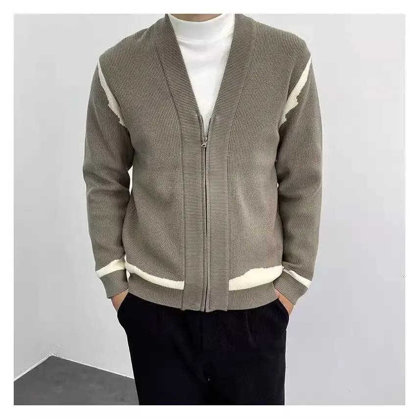 Cardigan da Uomo con Scollo a V e Cerniera, Stile Casual, Tinta Unita, per Business e Tempo Libero, Giacca Maglione Moda Autunno Inverno