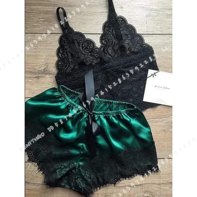 2 Piece Women Pajama Set Lace Silk Crop Top and Shorts Sleepwear Casual Lingerie Nightwear Pijamas Loungewear