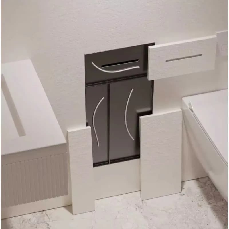Set di accessori da bagno in acciaio inox 304, installabile sotto piatto, con porta scopino multifunzione e cestino portaoggetti.