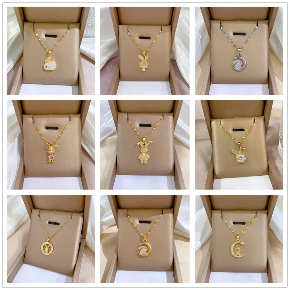 Stainless Steel Bunny Rabbit Necklace for Women Pendant Lucky Crystal Moon Rabbit Gift Women's Fashion Joker Necklaces Gift