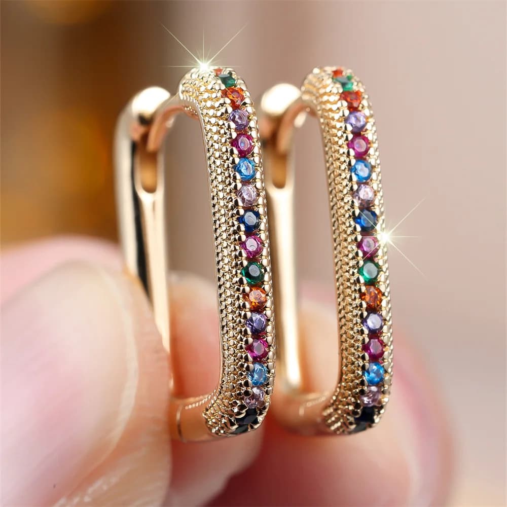 Orecchini a cerchio arcobaleno in pietra rotonda piccola a fila singola per le donne Orecchini a cerchio vintage color oro argento con fibbia per l'orecchio Gioielli da sposa Regalo di San Valentino