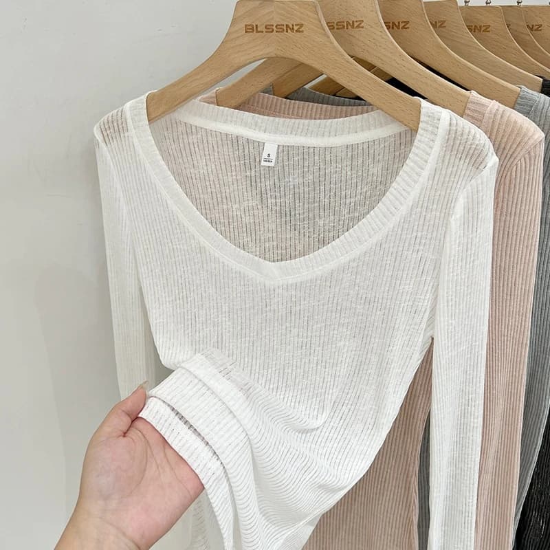 Maglietta da donna Zjaiss con scollo a V, protezione solare, manica lunga, nuova collezione estate 2026, stile casual, velata e sottile, top trasparente.