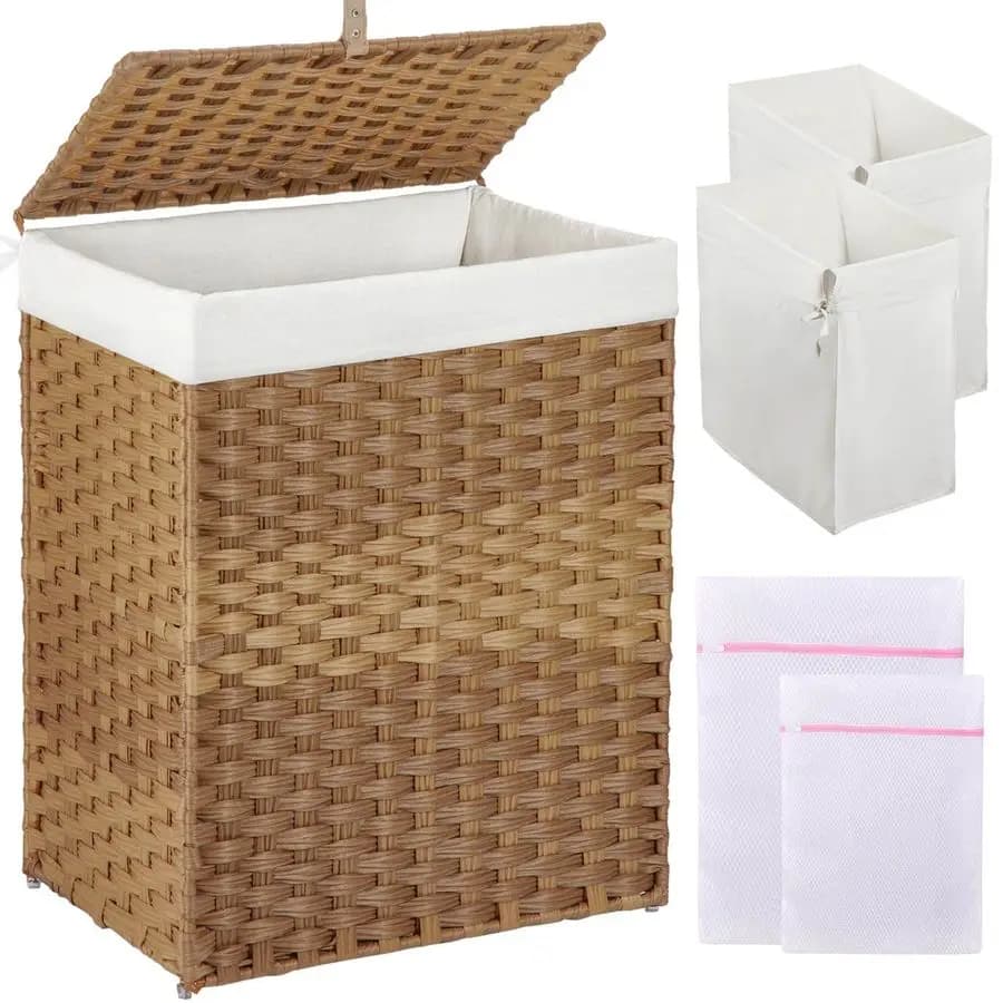 White basket with lid, 90 litre white basket with 2 removable inner bags and 2 mesh bags, hand woven synthetic rattan basket