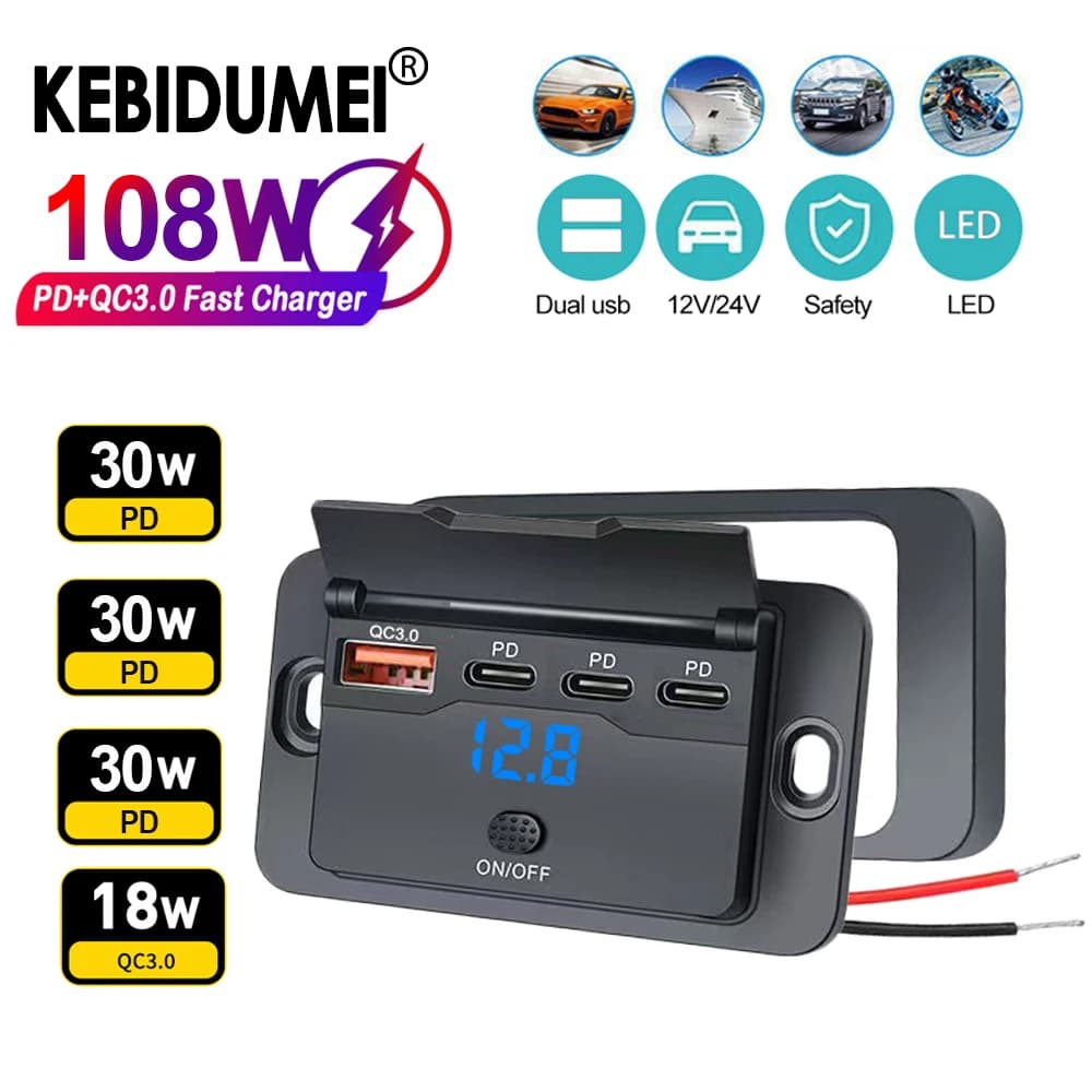 PD + QC3.0 Phone Charger Holder Panel 12V/24V USB socket RV 4 ports Fast charging socket with voltage switch for motorhome truck