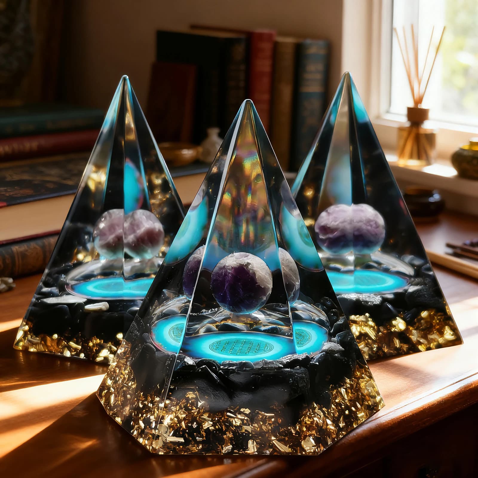 Sfera di ametista naturale da 1 pezzo/6 cm e ornamento decorativo piramide di ossidiana esagonale in orgone. Generatore di piramide di guarigione dell'energia di cristallo