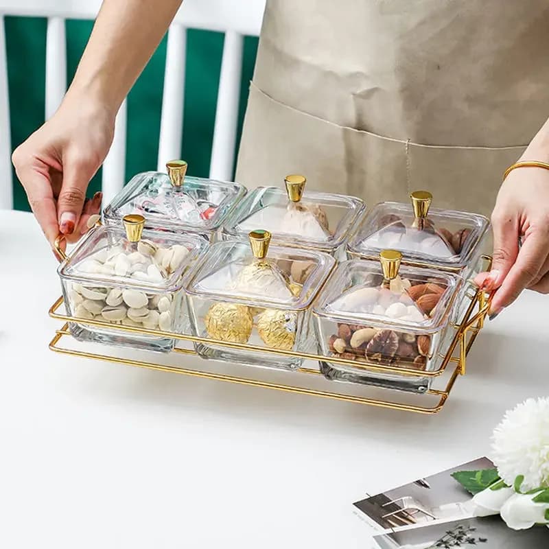 Piatto per snack con scomparto in vetro di lusso leggero nordico, frutta secca, frutta secca, caramelle, dessert, snack, piatto per snack per la casa