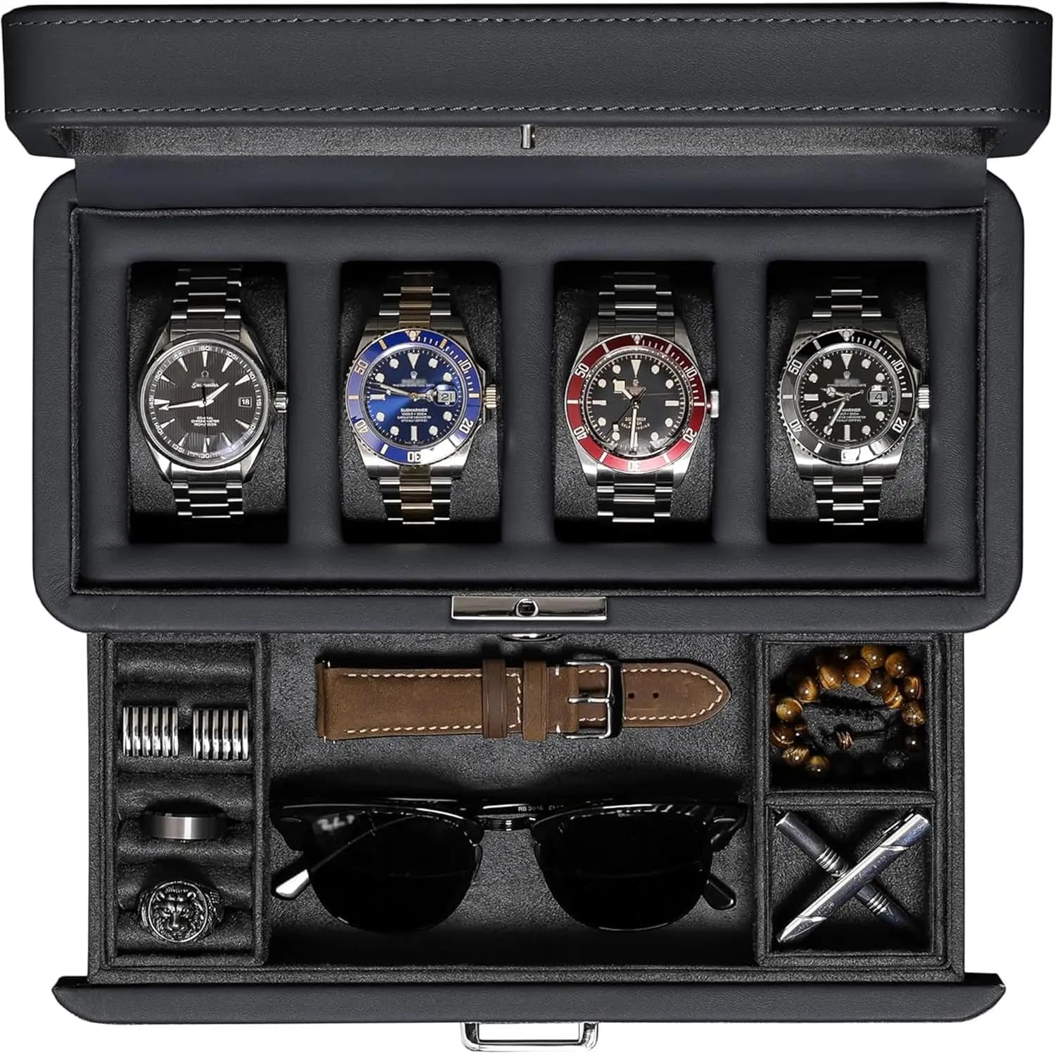 Scatola portaorologi di lusso a 4 scomparti con cassetto portaoggetti, coperchio in vero vetro, espositore con serratura per uomo e donna, in carbonio