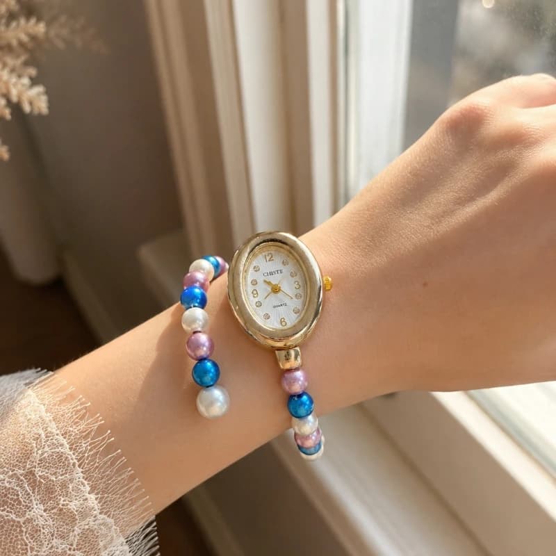 Fashion Pearl Bracelet Watches for Women Elegant Small Oval Dial Ladies Wristwatch Luxury Gift Woman Quartz Clock reloj mujer