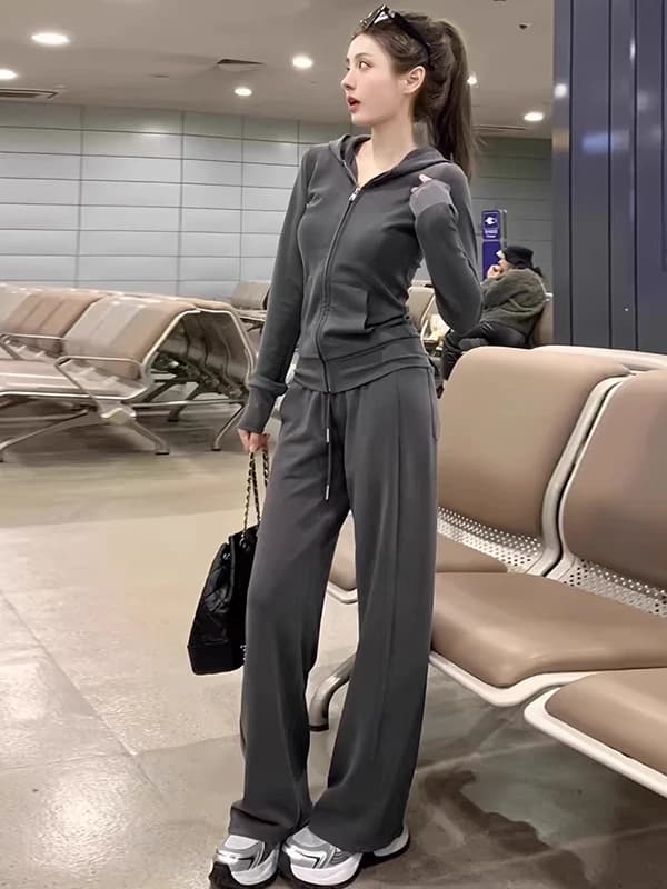Spring 2026 Korean Style Casual Sportswear Set Women's Fashion Anti-Aging Waist-Cinching Jacket Top Wide Leg Pants Two-Piece Set