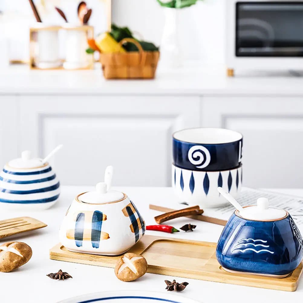 Set di 1 Barattolo per Spezie in Ceramica Dipinta a Mano, Contenitori per Condimenti, Scatola per Conservazione Spezie da Cucina, Resistente alle Alte Temperature