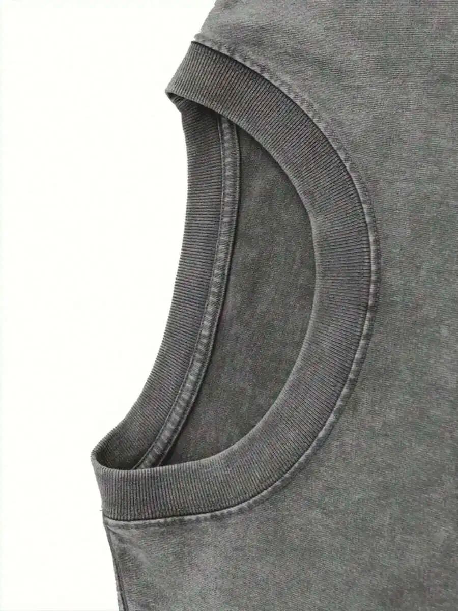 230g Washed Cotton Tee, American Retro Style Round Neck Sleeveless Top, Casual Summer Breathable T-Shirt