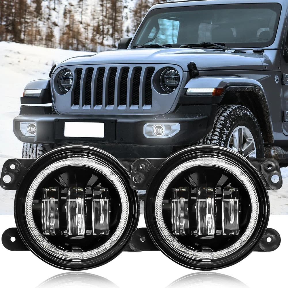60W 4 Inch LED Fendine Buckle with DRL White Halo ring for Jeep Wrangler JK, JL or Gladiator JT 4X4 Offroad Lights Driving lights