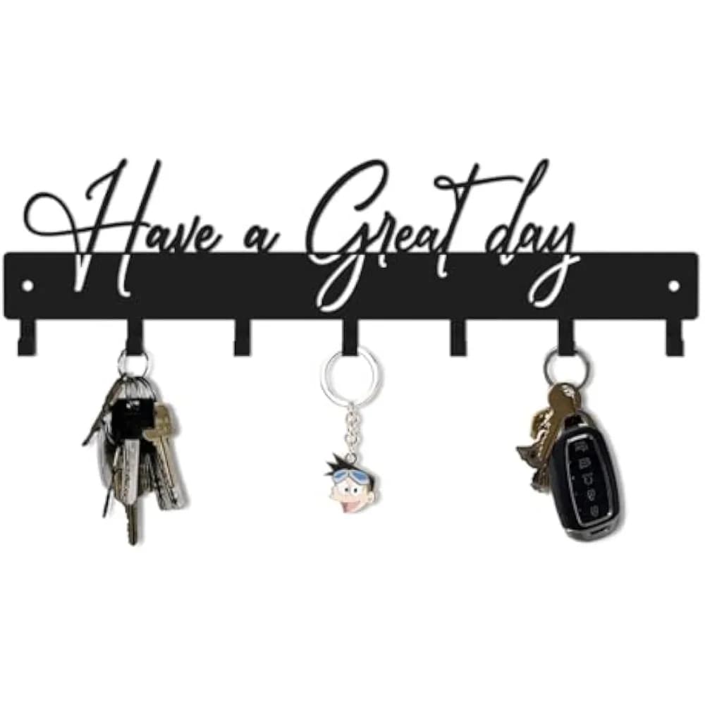 Elegante Portachiavi da Parete in Metallo Nero - Ganci Appendiabiti per Ingresso e Corridoio con Scritta 'Have a Great Day'