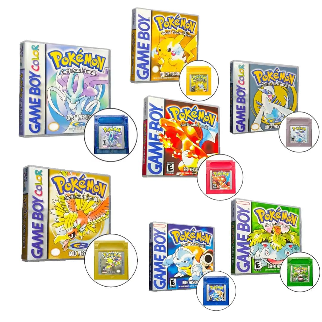 Cartucce di Gioco Pokémon Rosso Blu Cristallo Oro Verde Argento Giallo GBC, Schede di Gioco Video a 16 Bit per Console GB/SP