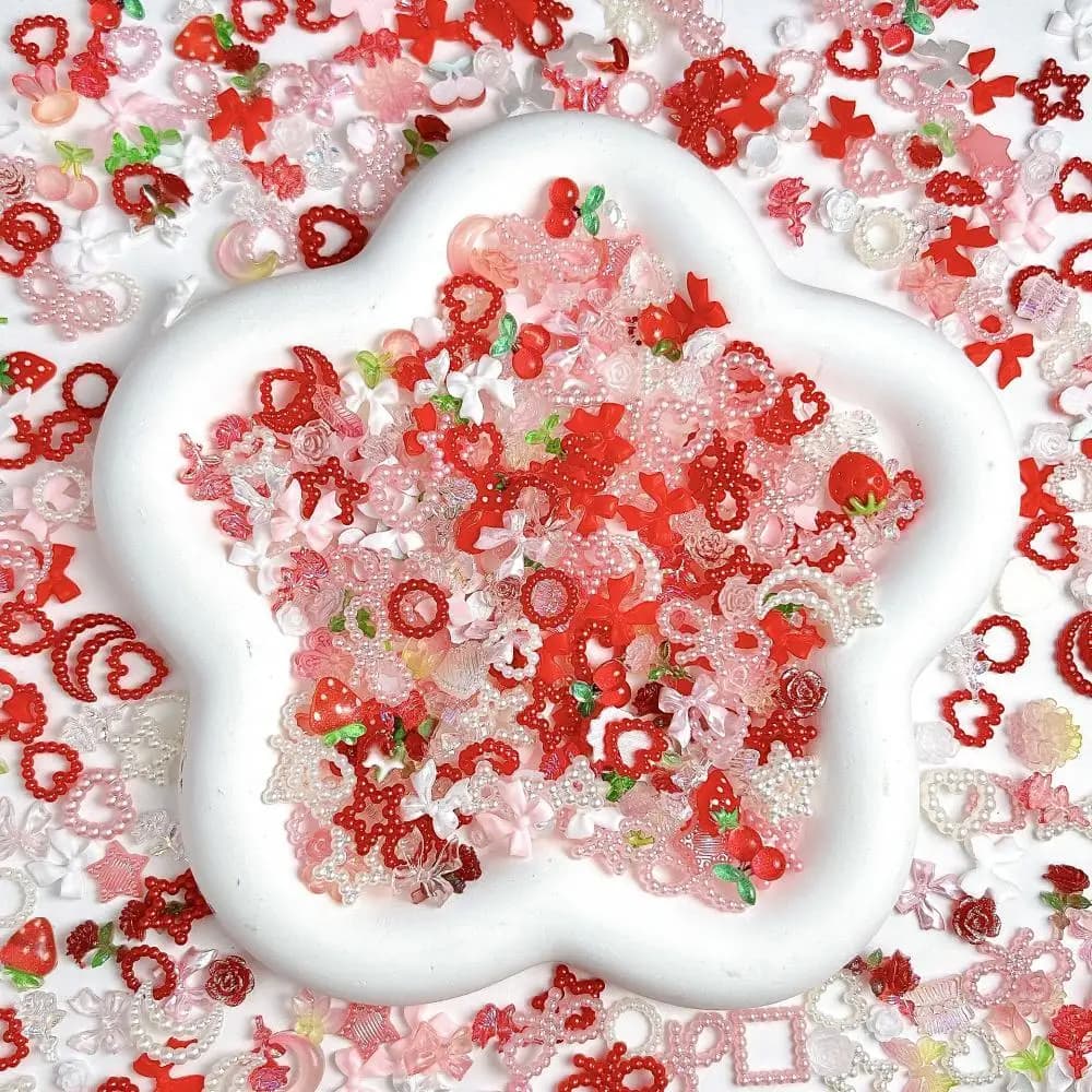 Decorazioni per nail art in resina con stella lunare e perla scavata, simulato ciliegia, fiocco in tinta unita, ciondoli misti per unghie, forniture per manicure fai da te